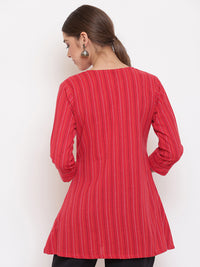 Thumbnail for Janasya Women's Red Cotton Woven Design A-Line Top - Distacart
