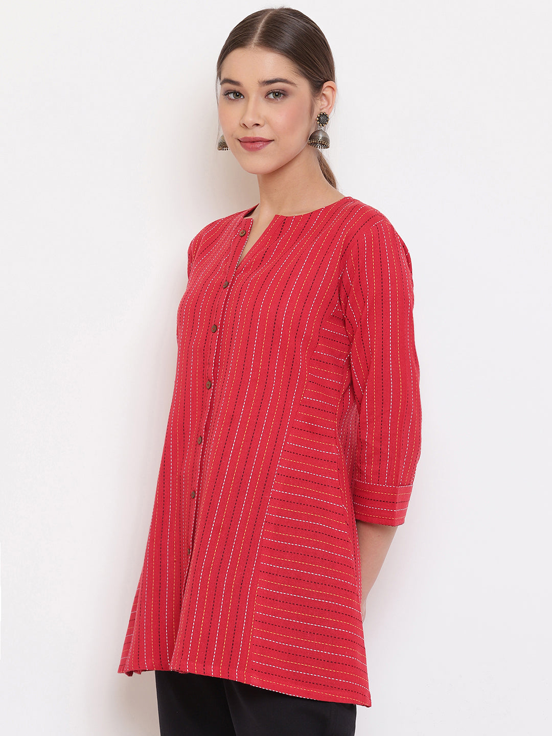 Janasya Women's Red Cotton Woven Design A-Line Top - Distacart