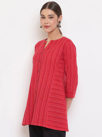 Thumbnail for Janasya Women's Red Cotton Woven Design A-Line Top - Distacart