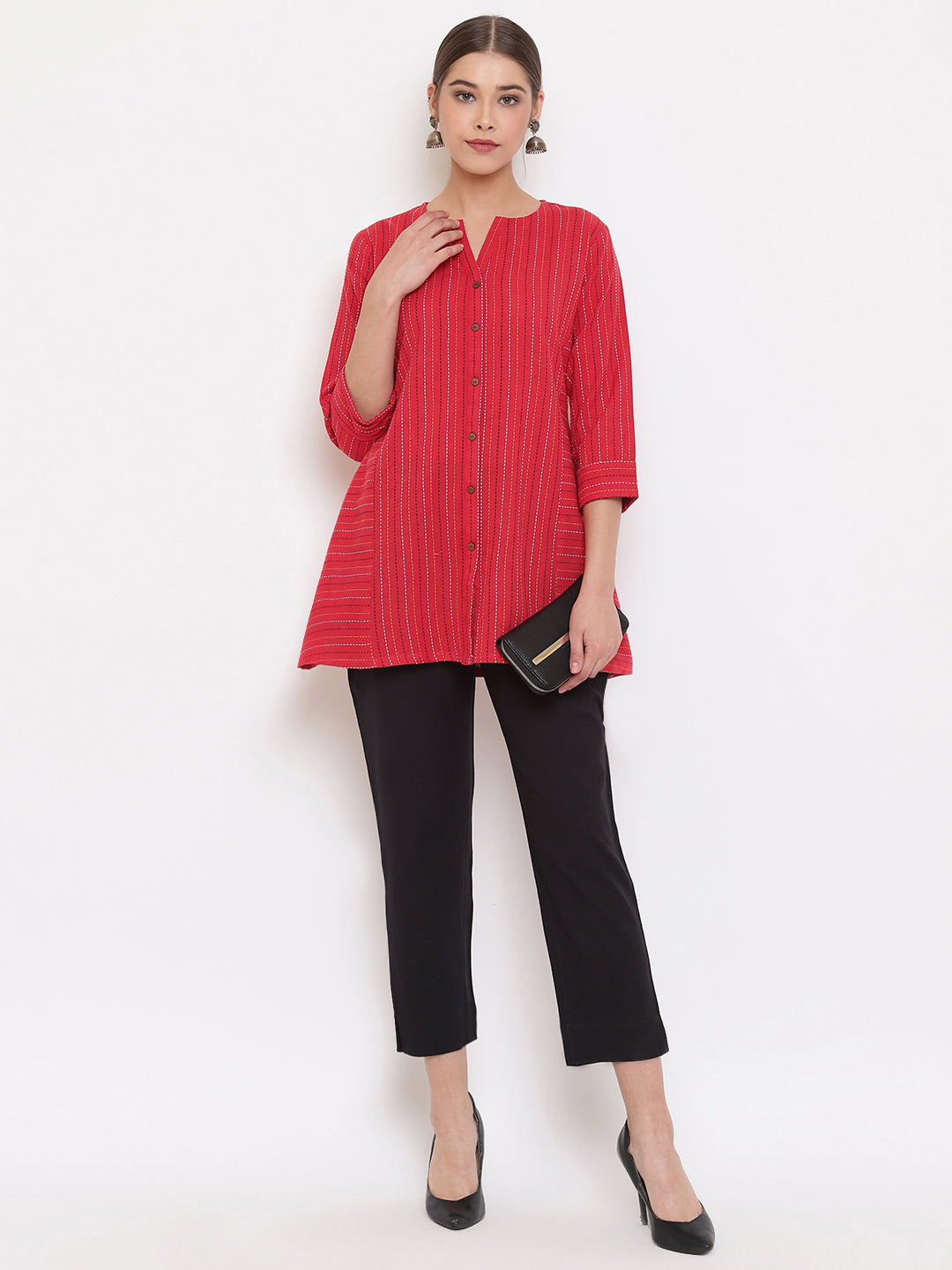 Janasya Women's Red Cotton Woven Design A-Line Top - Distacart