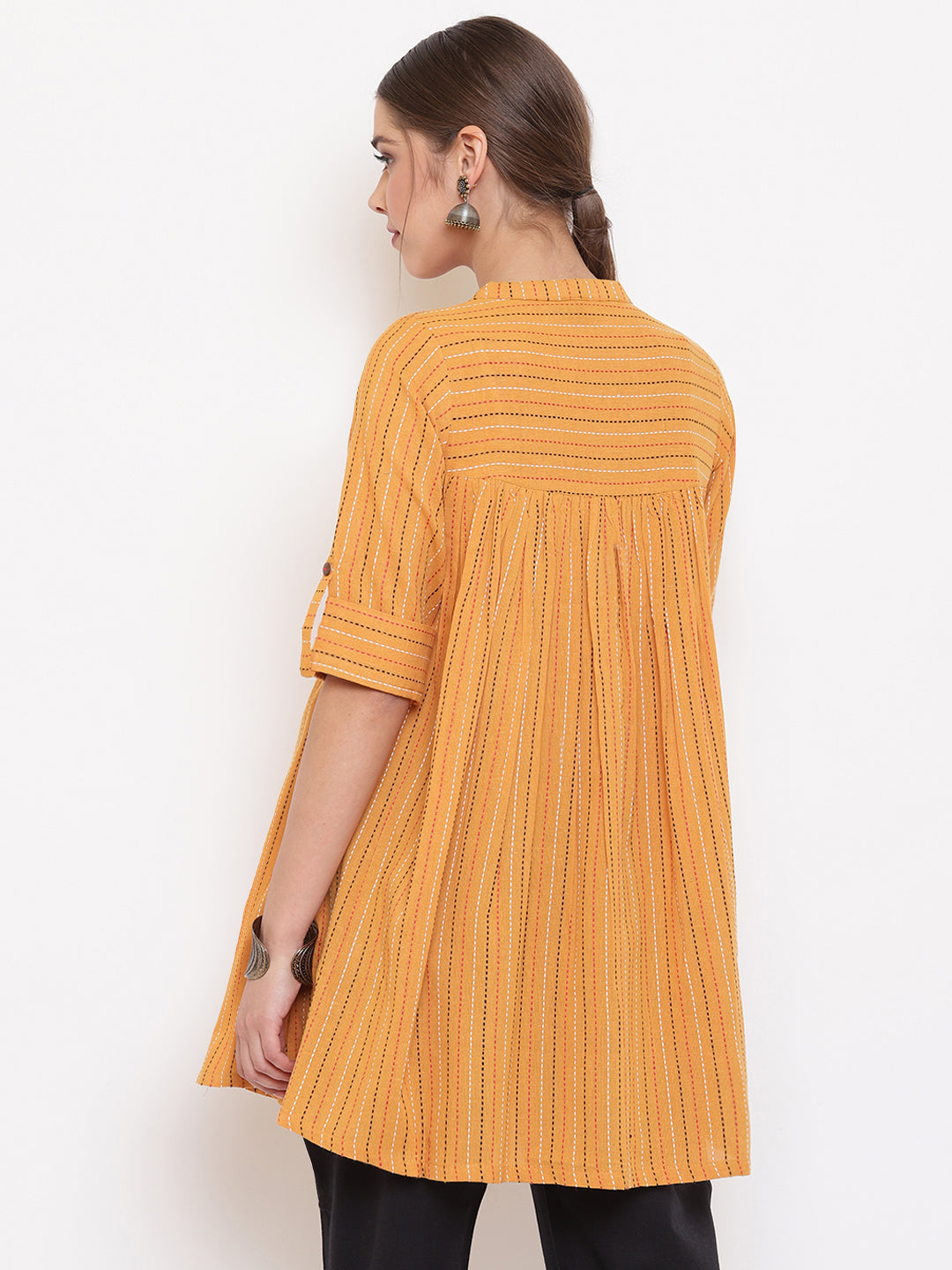 Janasya Women's Mustard Cotton Woven Design Gathered Tunic - Distacart
