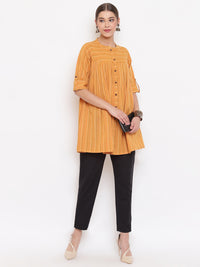 Thumbnail for Janasya Women's Mustard Cotton Woven Design Gathered Tunic - Distacart