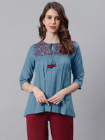 Thumbnail for Janasya Women's Blue Cotton Flex Embroidered Gathered Top - Distacart