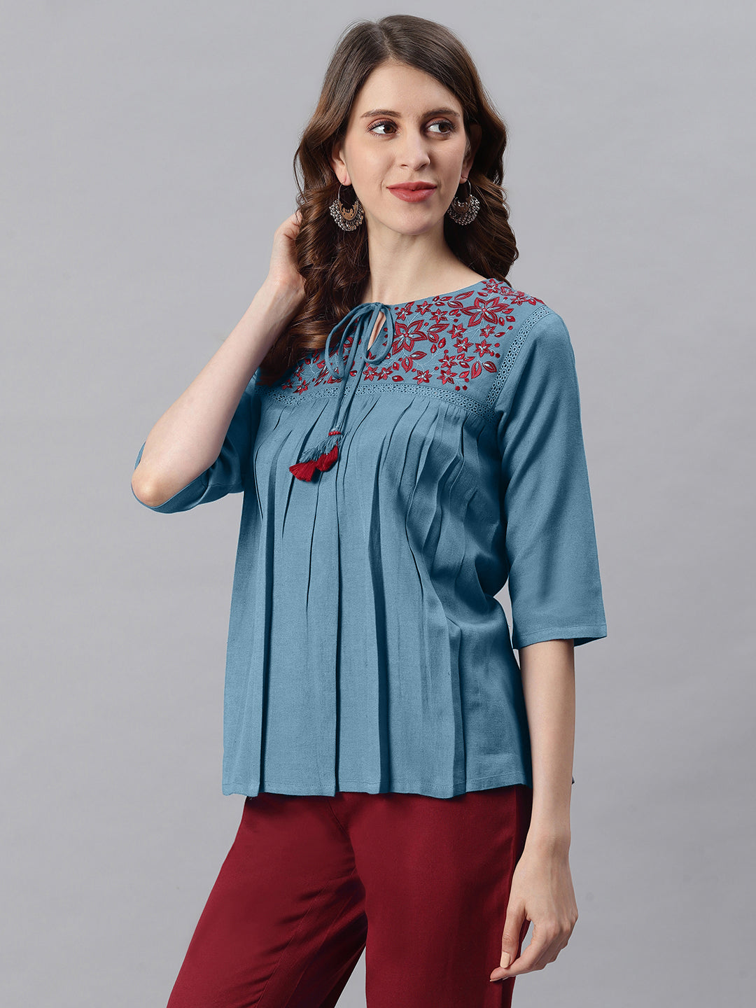 Janasya Women's Blue Cotton Flex Embroidered Gathered Top - Distacart