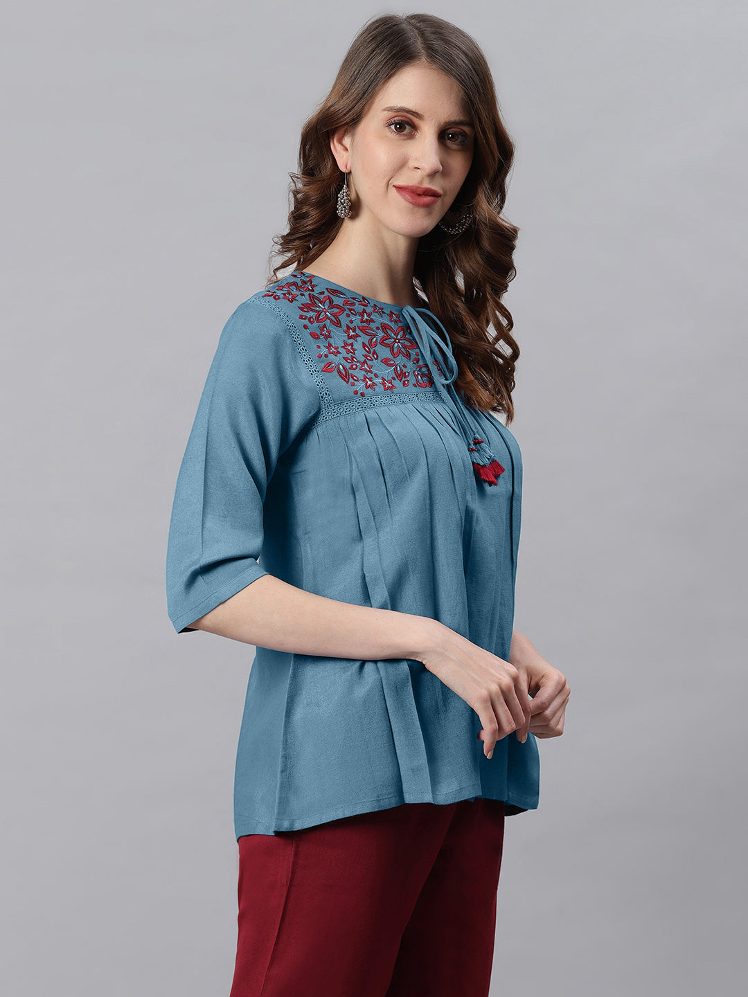 Janasya Women's Blue Cotton Flex Embroidered Gathered Top - Distacart