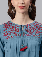 Thumbnail for Janasya Women's Blue Cotton Flex Embroidered Gathered Top - Distacart