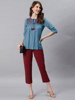 Thumbnail for Janasya Women's Blue Cotton Flex Embroidered Gathered Top - Distacart