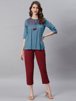 Thumbnail for Janasya Women's Blue Cotton Flex Embroidered Gathered Top - Distacart