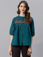 Thumbnail for Janasya Women's Teal Cotton Flex Embroidered Regular Top - Distacart