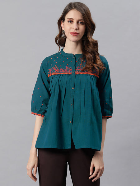 Janasya Women's Teal Cotton Flex Embroidered Regular Top - Distacart
