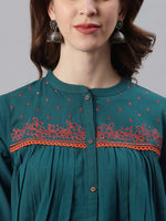 Thumbnail for Janasya Women's Teal Cotton Flex Embroidered Regular Top - Distacart