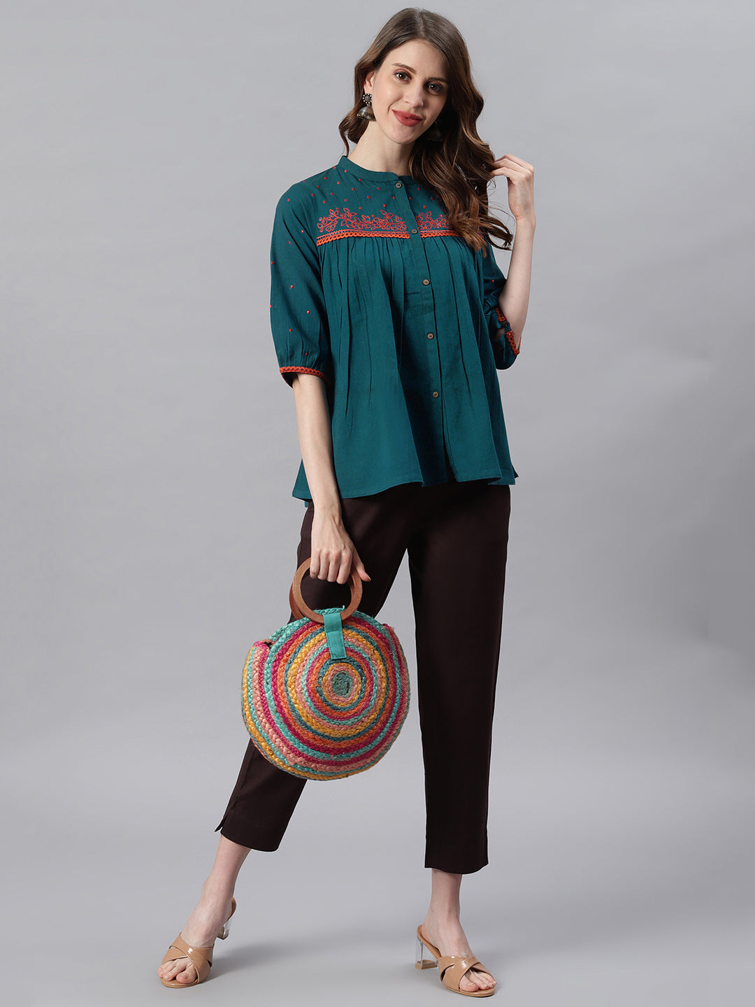 Janasya Women's Teal Cotton Flex Embroidered Regular Top - Distacart