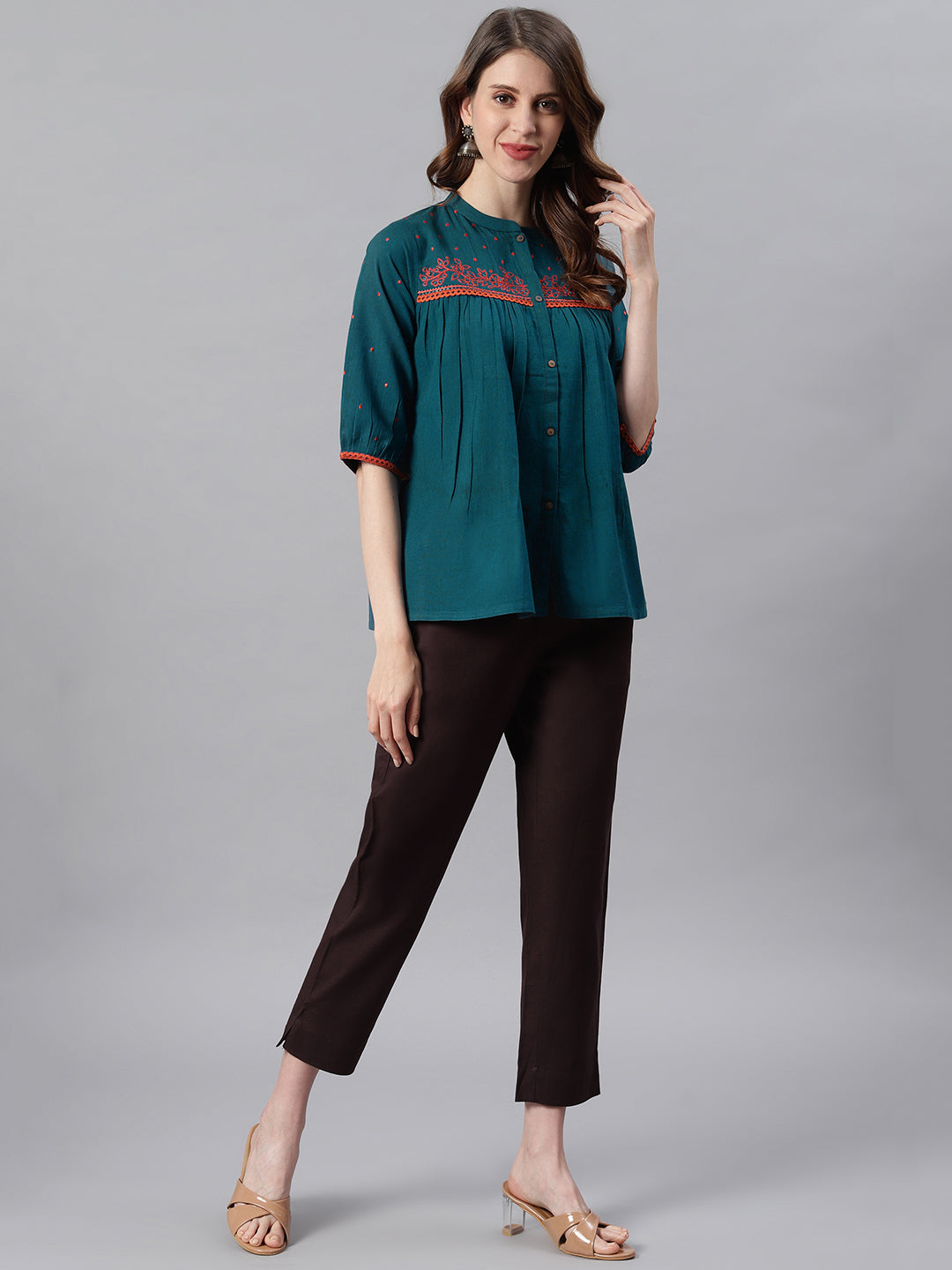 Janasya Women's Teal Cotton Flex Embroidered Regular Top - Distacart