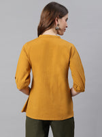Thumbnail for Janasya Women's Mustard Cotton Flex Embroidered A-Line Top - Distacart
