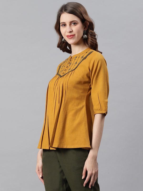 Janasya Women's Mustard Cotton Flex Embroidered A-Line Top - Distacart