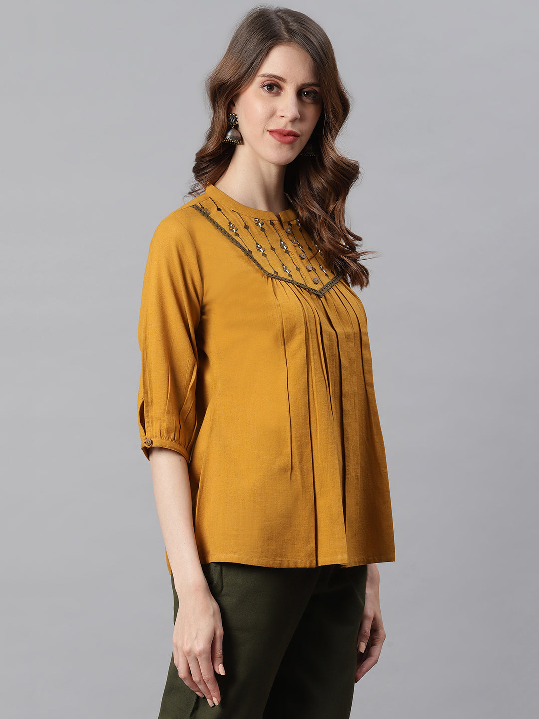 Janasya Women's Mustard Cotton Flex Embroidered A-Line Top - Distacart