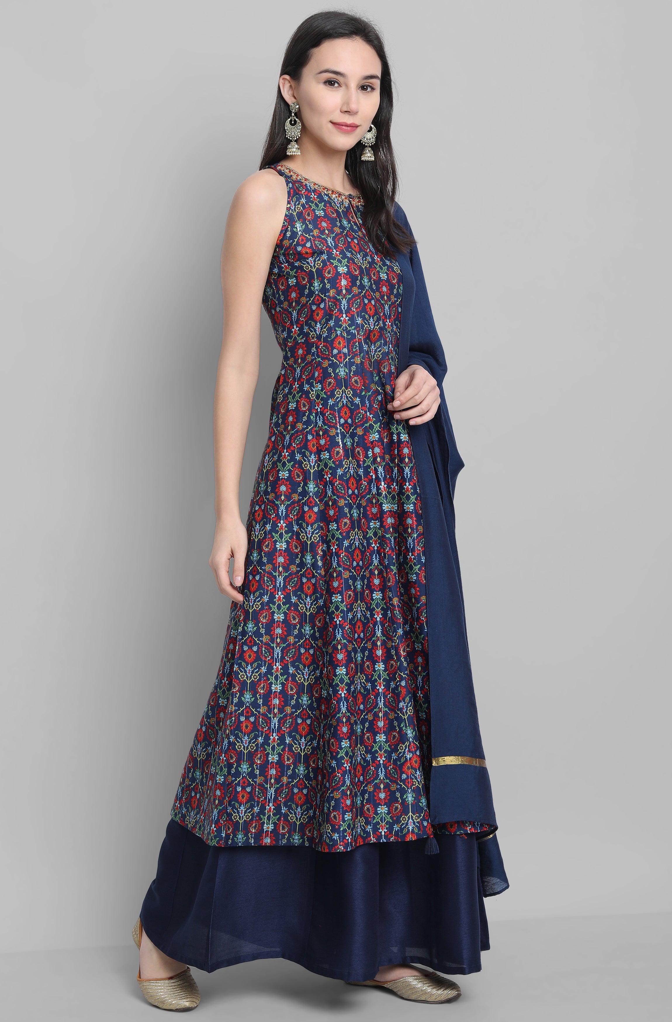 Janasya Women's Blue Poly Muslin Embroidered Kurta With Palazzo And Dupatta - Distacart