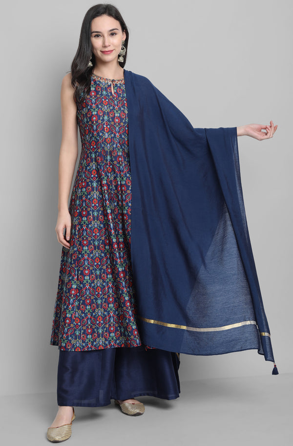 Janasya Women's Blue Poly Muslin Embroidered Kurta With Palazzo And Dupatta - Distacart