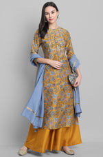 Thumbnail for Janasya Women's Mustard Poly Muslin Embroidered Kurta With Palazzo And Dupatta - Distacart
