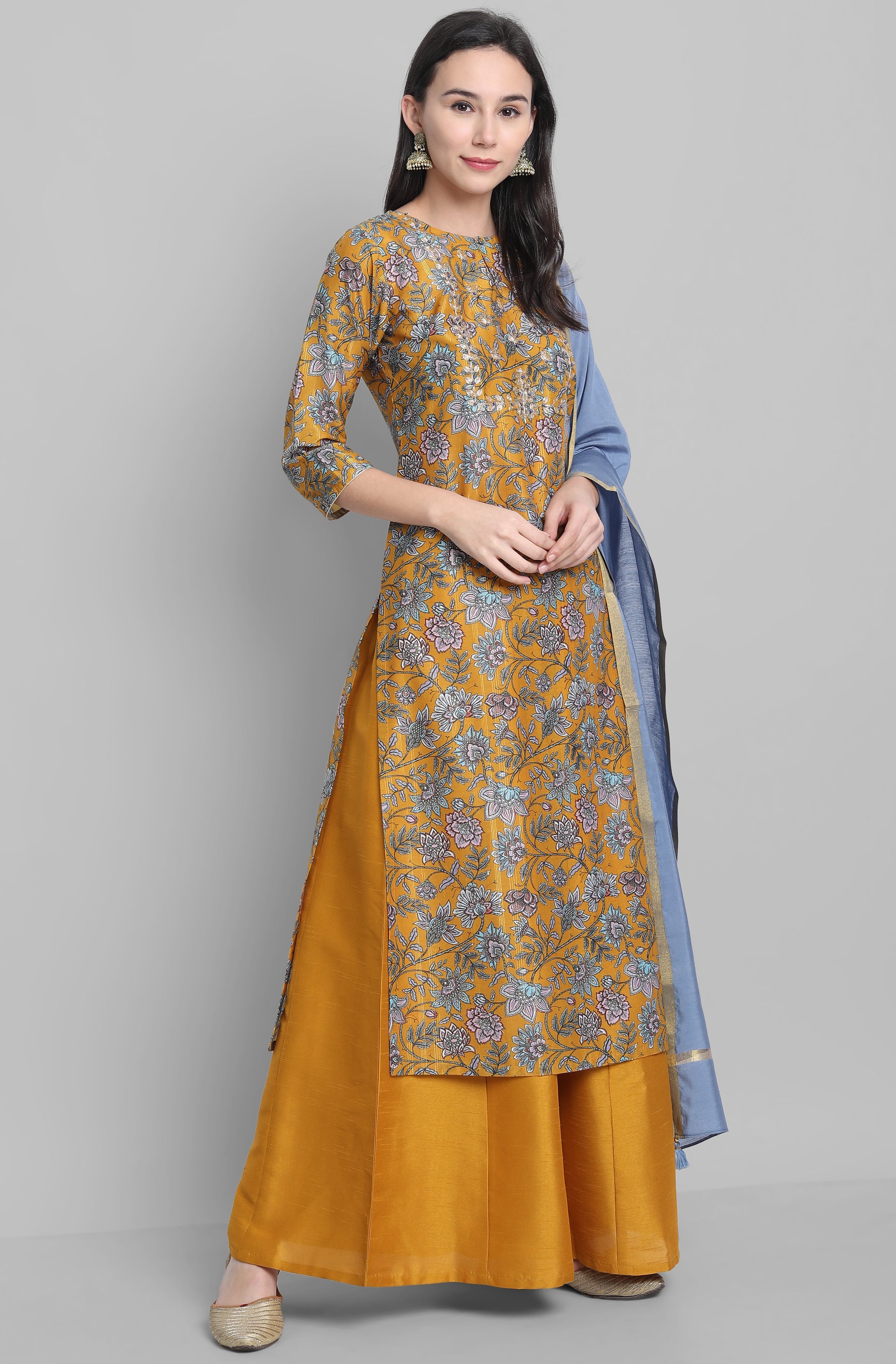 Janasya Women's Mustard Poly Muslin Embroidered Kurta With Palazzo And Dupatta - Distacart