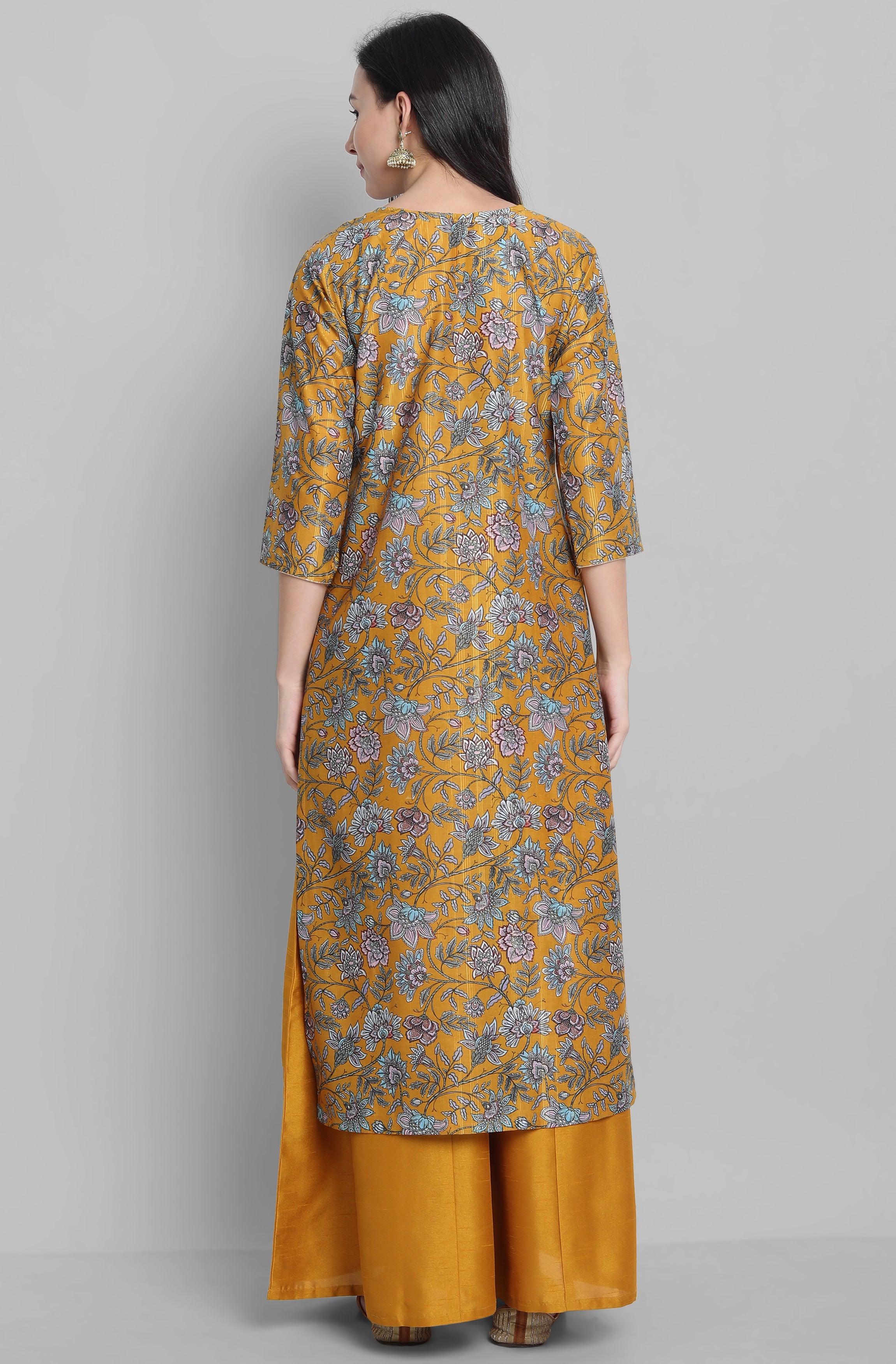 Janasya Women's Mustard Poly Muslin Embroidered Kurta With Palazzo And Dupatta - Distacart