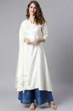 Thumbnail for Janasya Women's Off- White Poly Silk Ethnic Motifs Kurta With Palazzo And Dupatta - Distacart