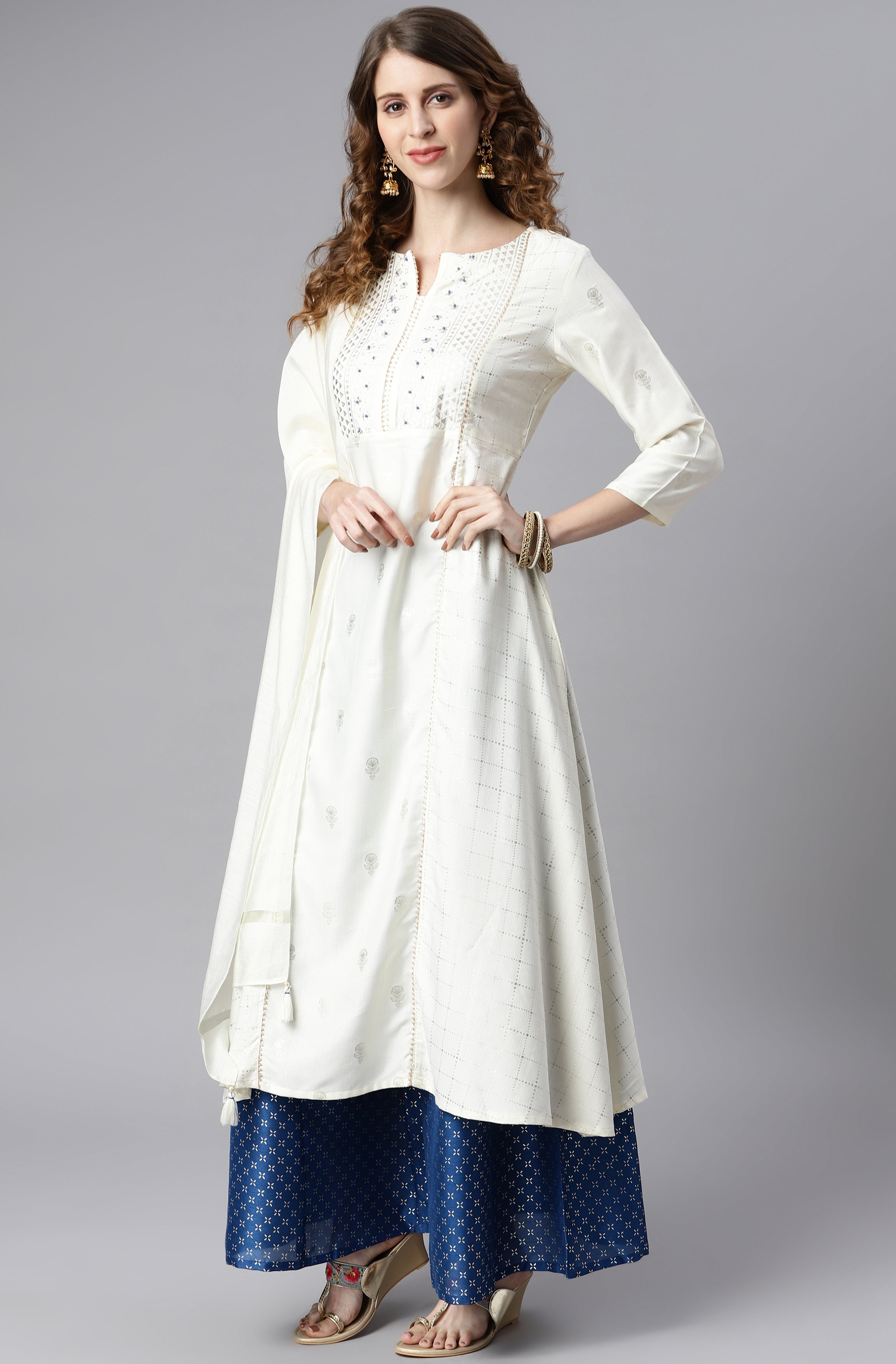 Janasya Women's Off- White Poly Silk Ethnic Motifs Kurta With Palazzo And Dupatta - Distacart