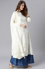 Thumbnail for Janasya Women's Off- White Poly Silk Ethnic Motifs Kurta With Palazzo And Dupatta - Distacart