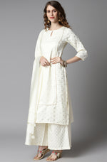 Thumbnail for Janasya Women's Off- White Poly Silk Ethnic Motifs Kurta With Palazzo And Dupatta - Distacart