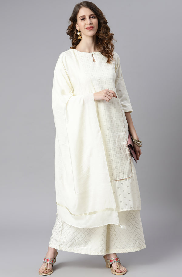 Janasya Women's Off- White Poly Silk Ethnic Motifs Kurta With Palazzo And Dupatta - Distacart