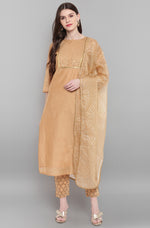 Thumbnail for Janasya Women's Gold Poly Chanderi Embellished Kurta With Pant And Dupatta - Distacart