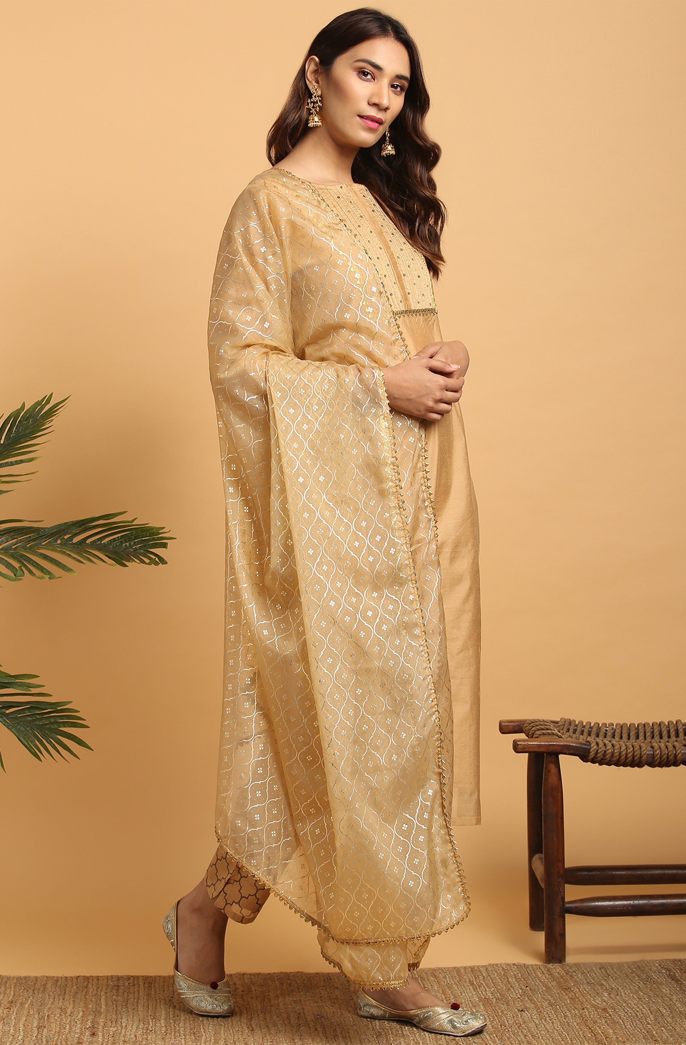 Janasya Women's Gold Poly Chanderi Embellished Kurta With Pant And Dupatta - Distacart