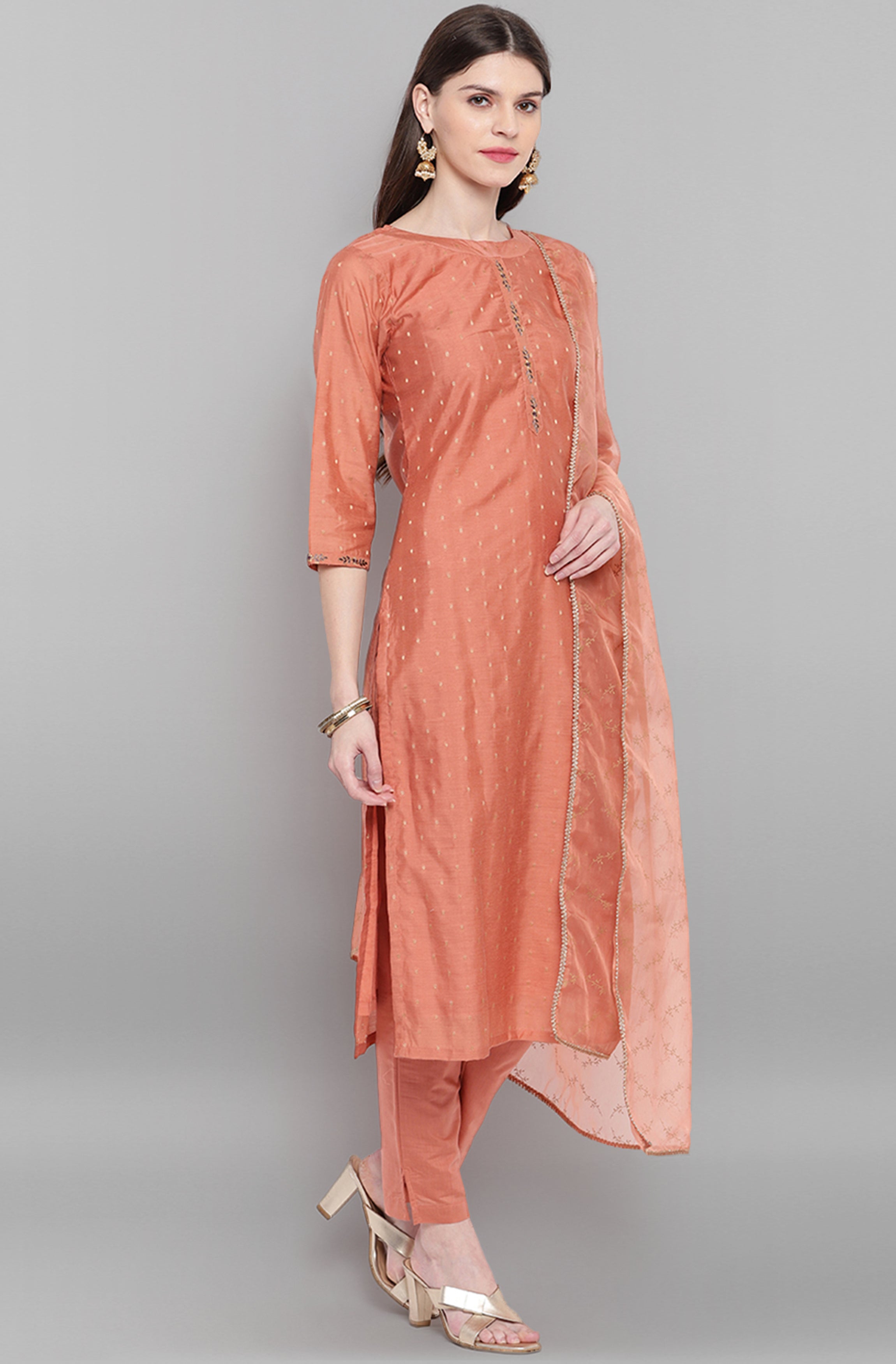 Janasya Women's Rose Gold Poly Muslin Embroidered Kurta With Pant And Dupatta - Distacart