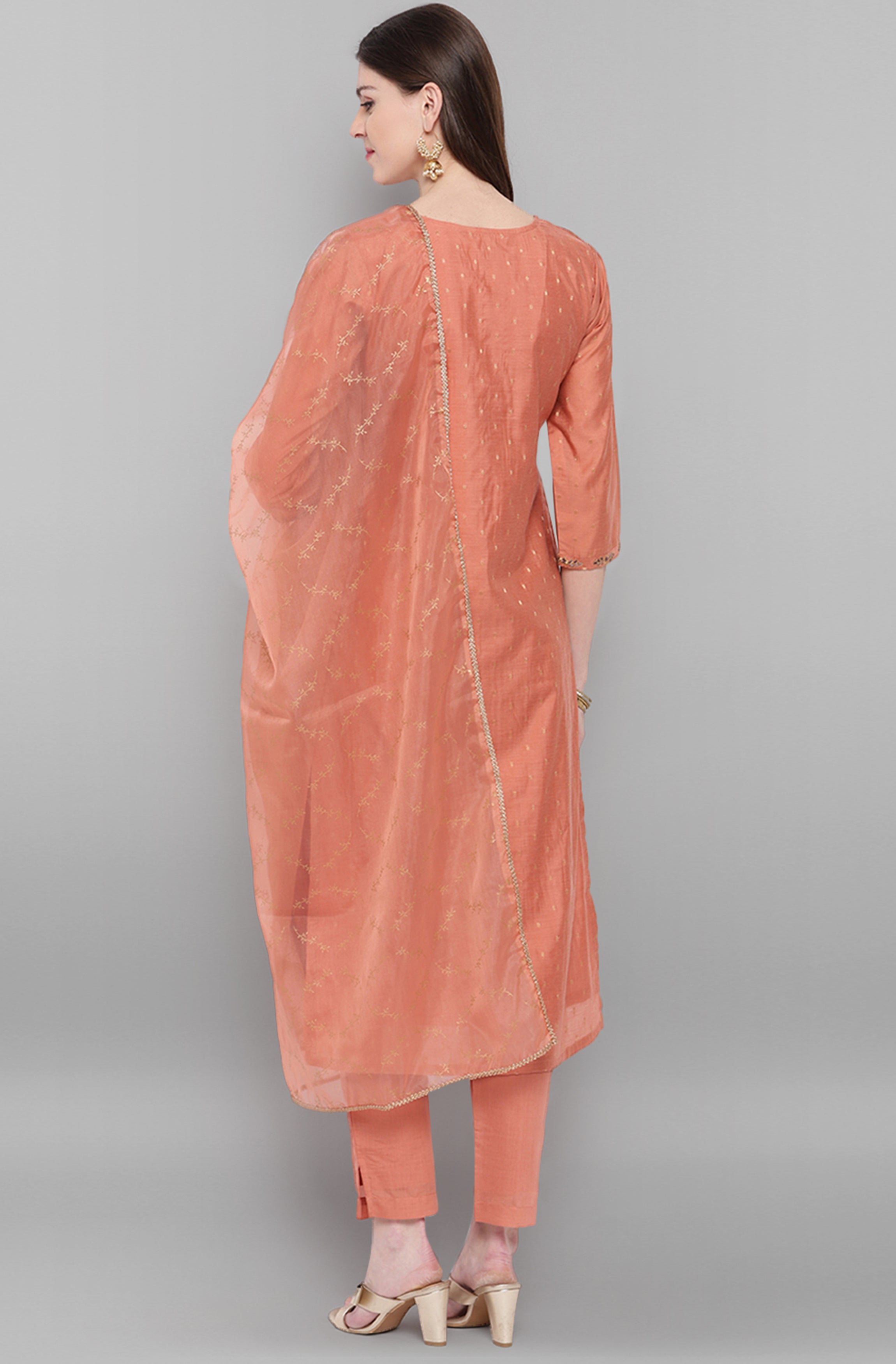 Janasya Women's Rose Gold Poly Muslin Embroidered Kurta With Pant And Dupatta - Distacart