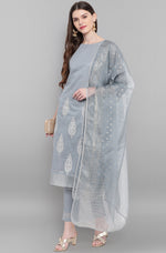Thumbnail for Janasya Women's Grey Poly Chanderi Ethnic Motifs Kurta With Pant And Dupatta - Distacart