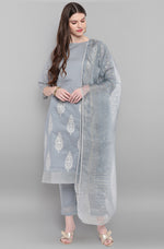 Thumbnail for Janasya Women's Grey Poly Chanderi Ethnic Motifs Kurta With Pant And Dupatta - Distacart