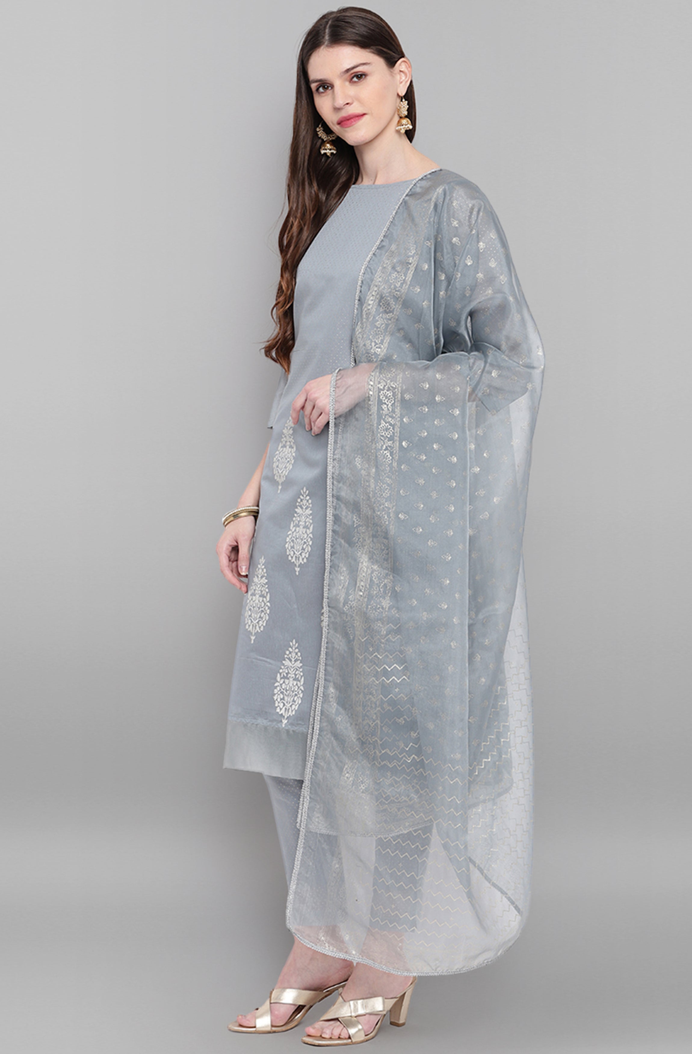 Janasya Women's Grey Poly Chanderi Ethnic Motifs Kurta With Pant And Dupatta - Distacart
