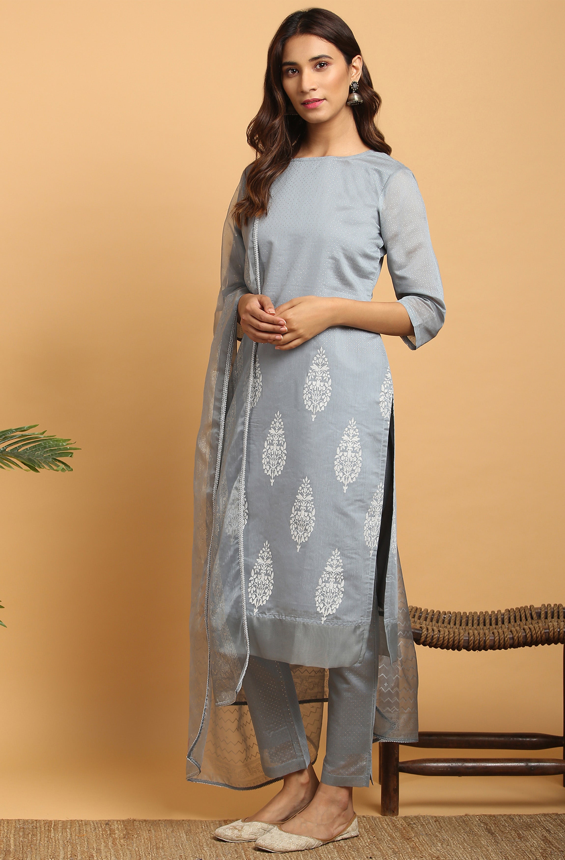 Janasya Women's Grey Poly Chanderi Ethnic Motifs Kurta With Pant And Dupatta - Distacart