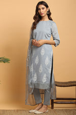 Thumbnail for Janasya Women's Grey Poly Chanderi Ethnic Motifs Kurta With Pant And Dupatta - Distacart