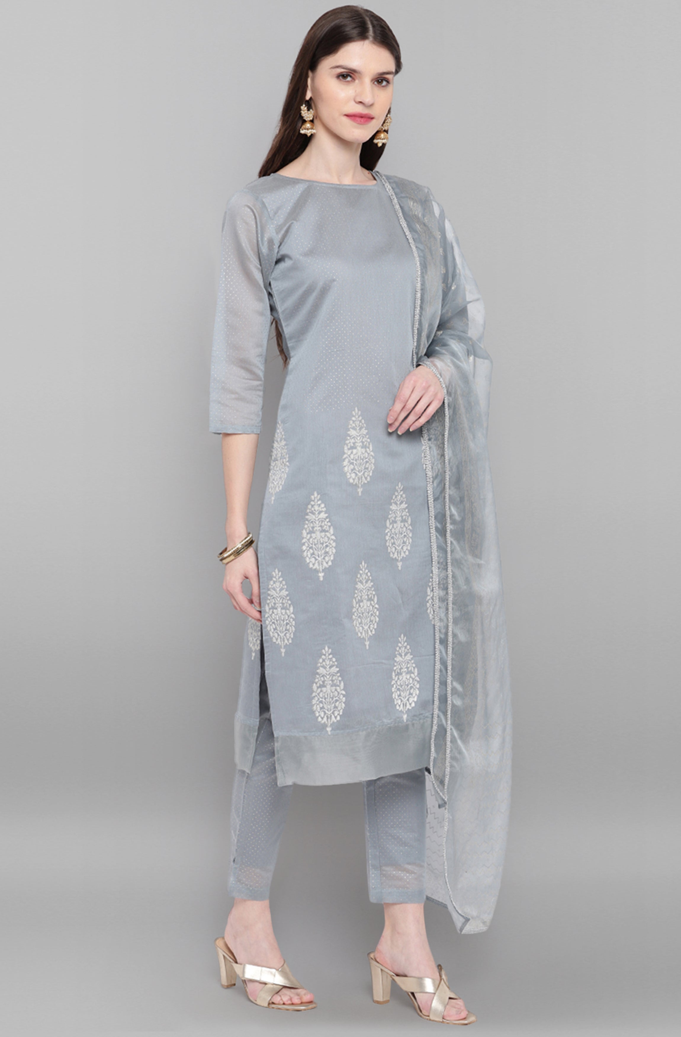 Janasya Women's Grey Poly Chanderi Ethnic Motifs Kurta With Pant And Dupatta - Distacart