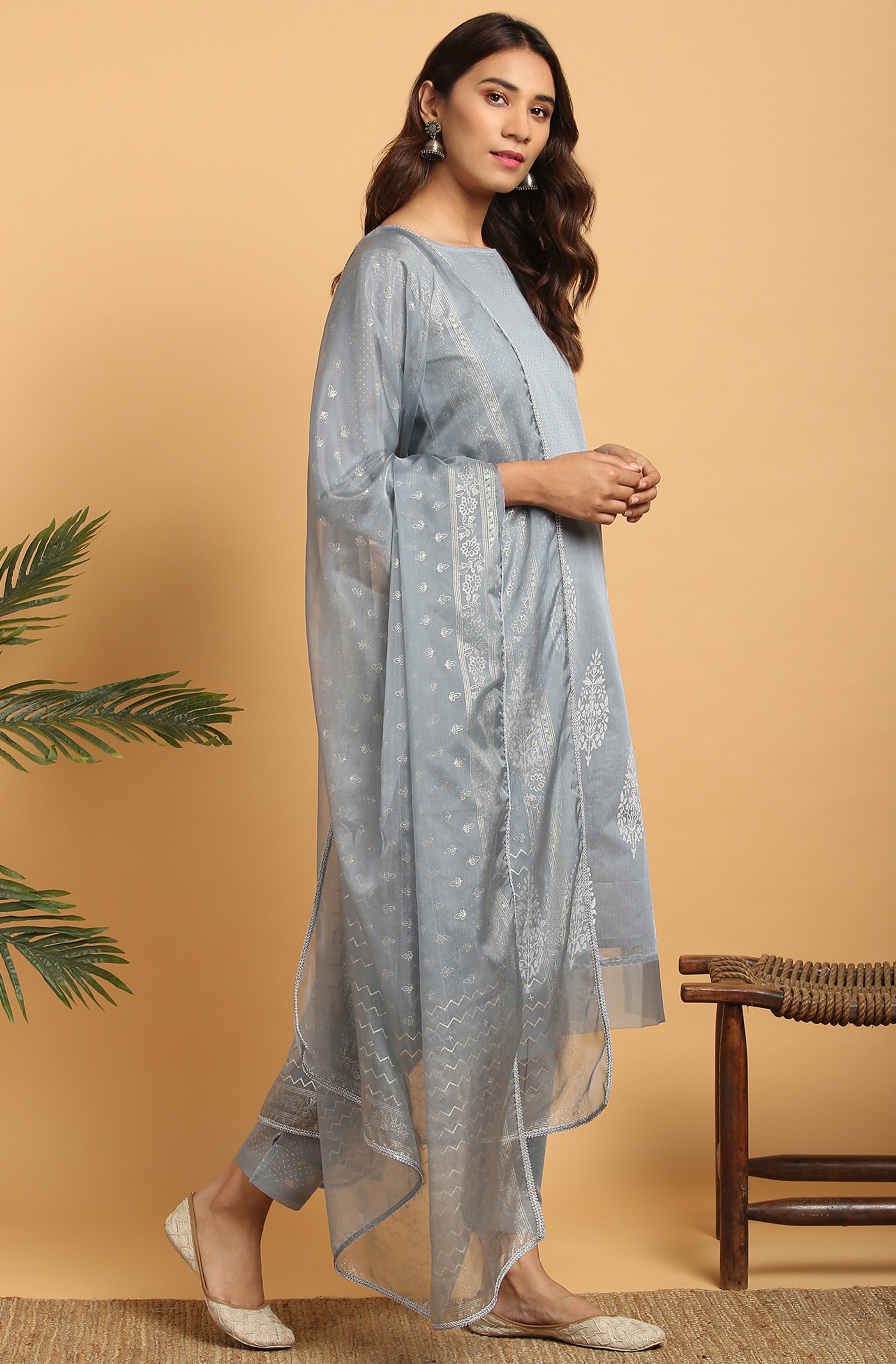 Janasya Women's Grey Poly Chanderi Ethnic Motifs Kurta With Pant And Dupatta - Distacart