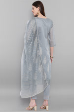 Thumbnail for Janasya Women's Grey Poly Chanderi Ethnic Motifs Kurta With Pant And Dupatta - Distacart