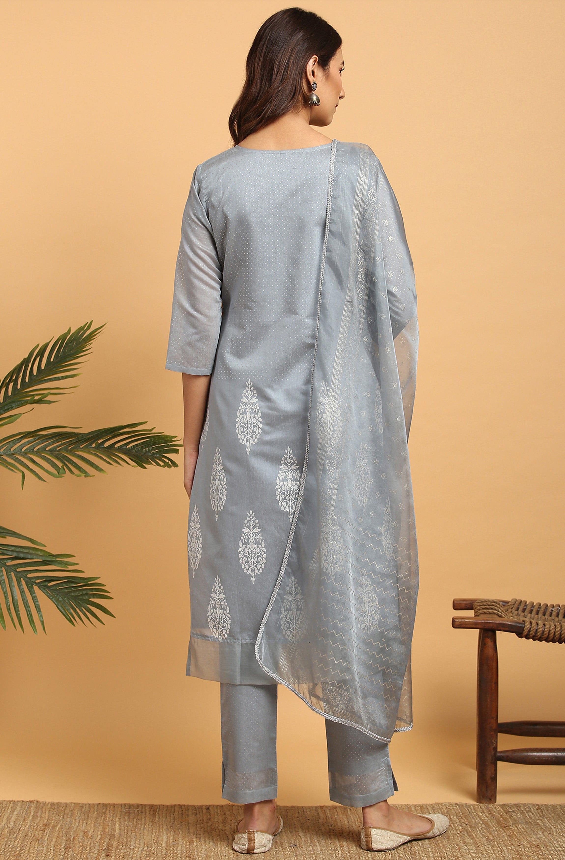 Janasya Women's Grey Poly Chanderi Ethnic Motifs Kurta With Pant And Dupatta - Distacart