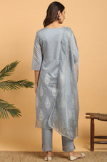 Thumbnail for Janasya Women's Grey Poly Chanderi Ethnic Motifs Kurta With Pant And Dupatta - Distacart