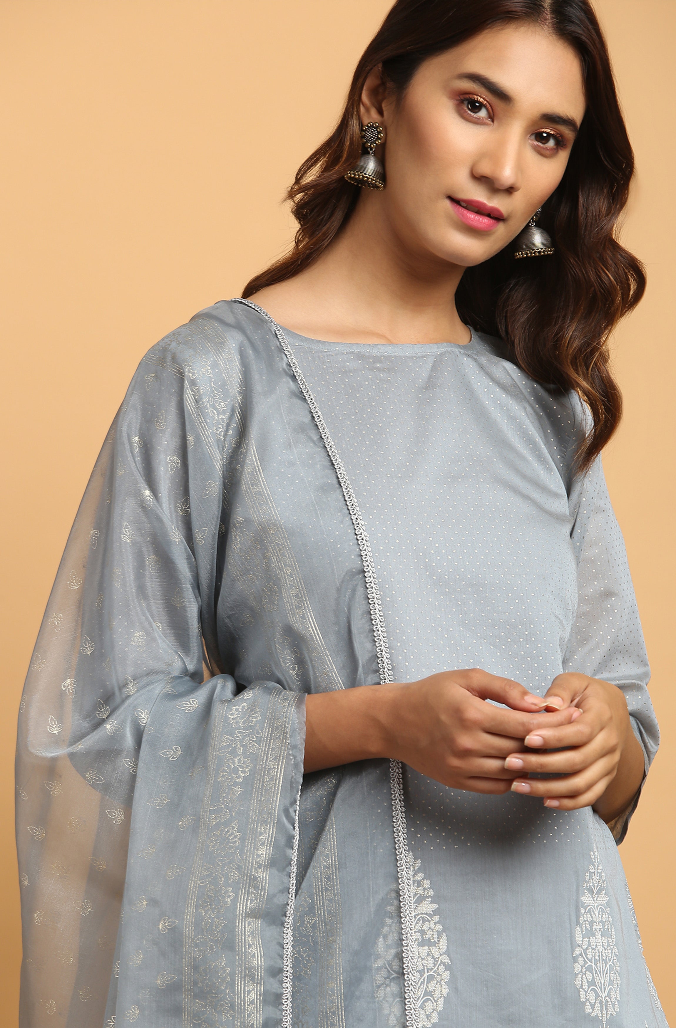 Janasya Women's Grey Poly Chanderi Ethnic Motifs Kurta With Pant And Dupatta - Distacart