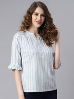 Thumbnail for Janasya Women's White Cotton Slub Striped Straight Top - Distacart