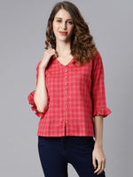 Thumbnail for Janasya Women's Red Cotton Checkered Regular Top - Distacart