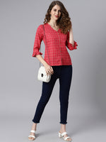 Thumbnail for Janasya Women's Red Cotton Checkered Regular Top - Distacart