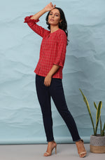 Thumbnail for Janasya Women's Red Cotton Checkered Regular Top - Distacart