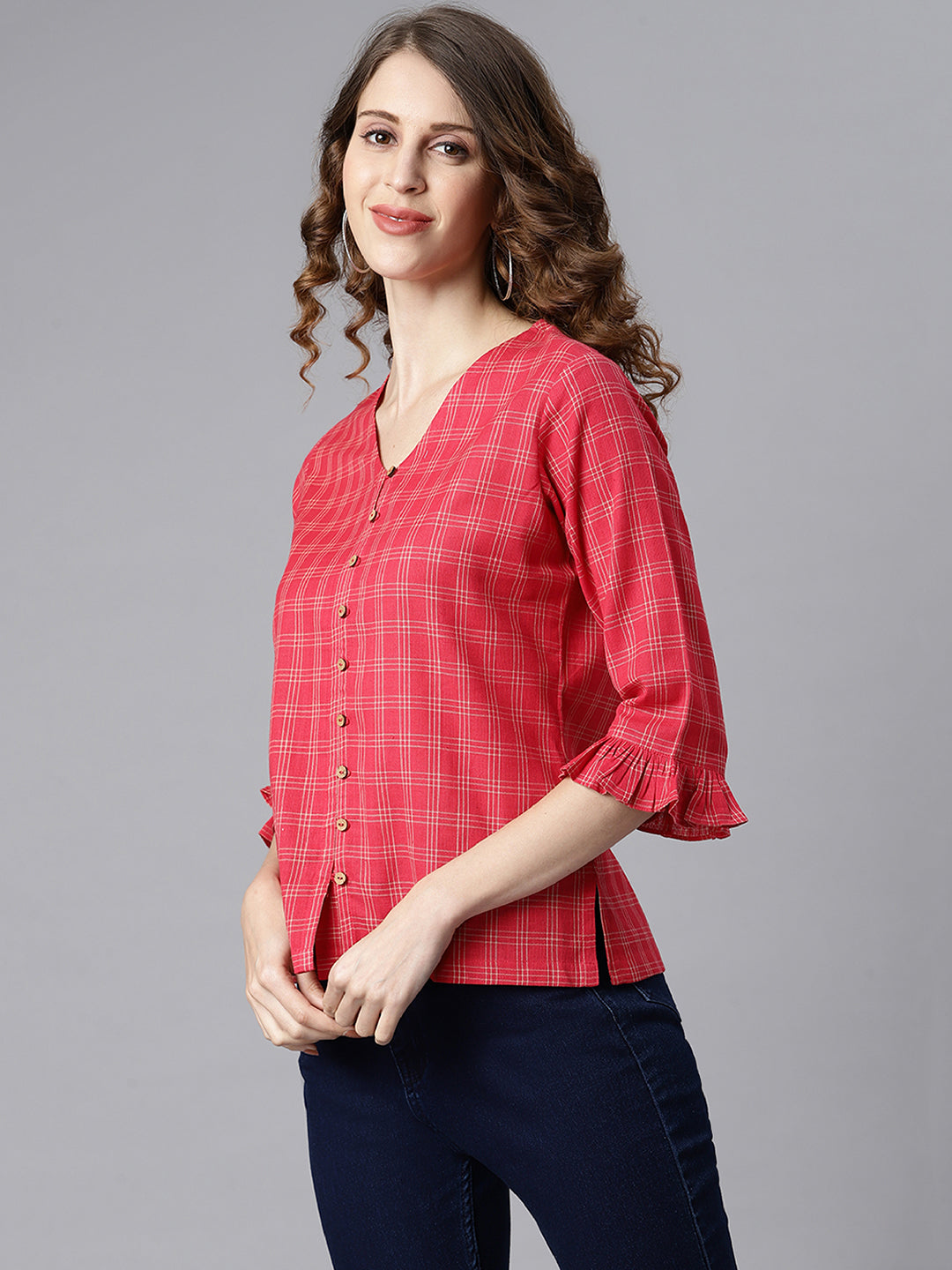 Janasya Women's Red Cotton Checkered Regular Top - Distacart